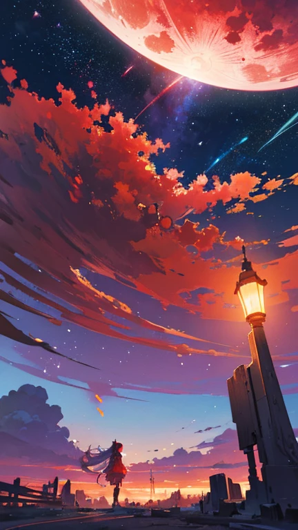 expansive landscape photograph , (a view from below that shows sky above and open field below), a girl standing on city ruins looking up, (full moon:1.2), (crimson moon:1.3), ( shooting stars:0.9), (nebula:1.3), distant mountain, tree BREAK
production art, (warm light source:1.2), (Firefly:1.2), lamp, lot of crimson and white, intricate details, volumetric lighting, realism BREAK
(masterpiece:1.2), (best quality), 4k, ultra-detailed, (dynamic composition:1.4), highly detailed, colorful details,( iridescent colors:1.2), (glowing lighting, atmospheric lighting), dreamy, magical, (solo:1.2)