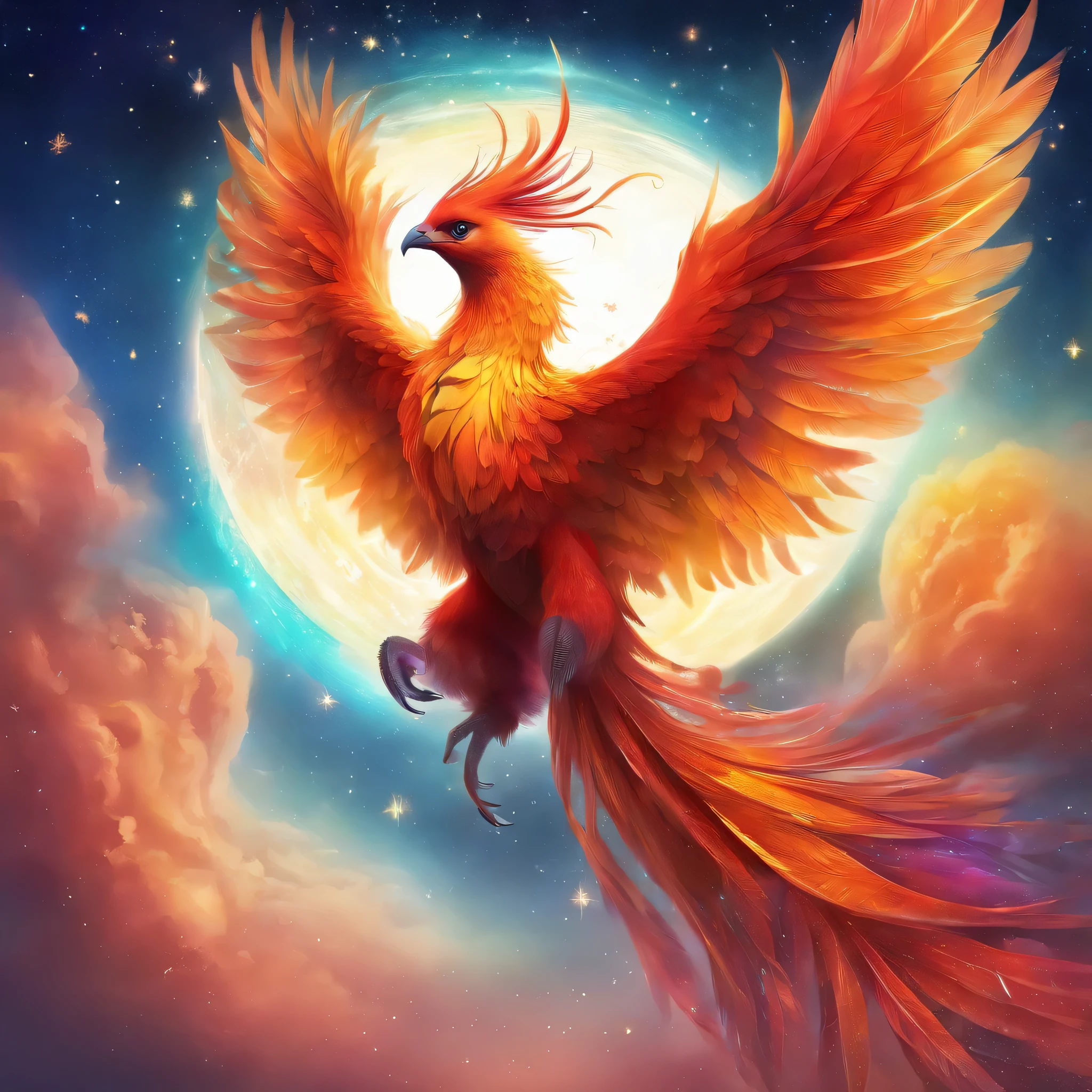 Proud Bright phoenix, flying through deep space with stars and planets in the background highly detailed, wings fully spread out, long tail feathers, perfectly formed feet and claws, realistic detail, UHD, 4k, dream like, surreal,