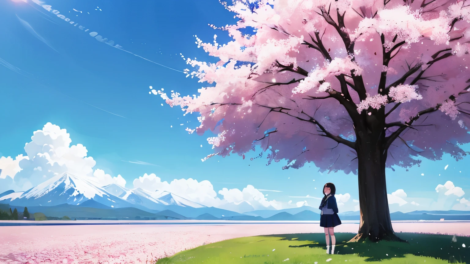 A teenage girl stands at the foot of a tree full of cherry blossoms in natural surroundings。, in anime style, Produced at Anime Artist Studio,A posture that looks like looking up at the beautiful spring sunshine and blue sky.,Full body view,Snow-capped mountains in the background々。
