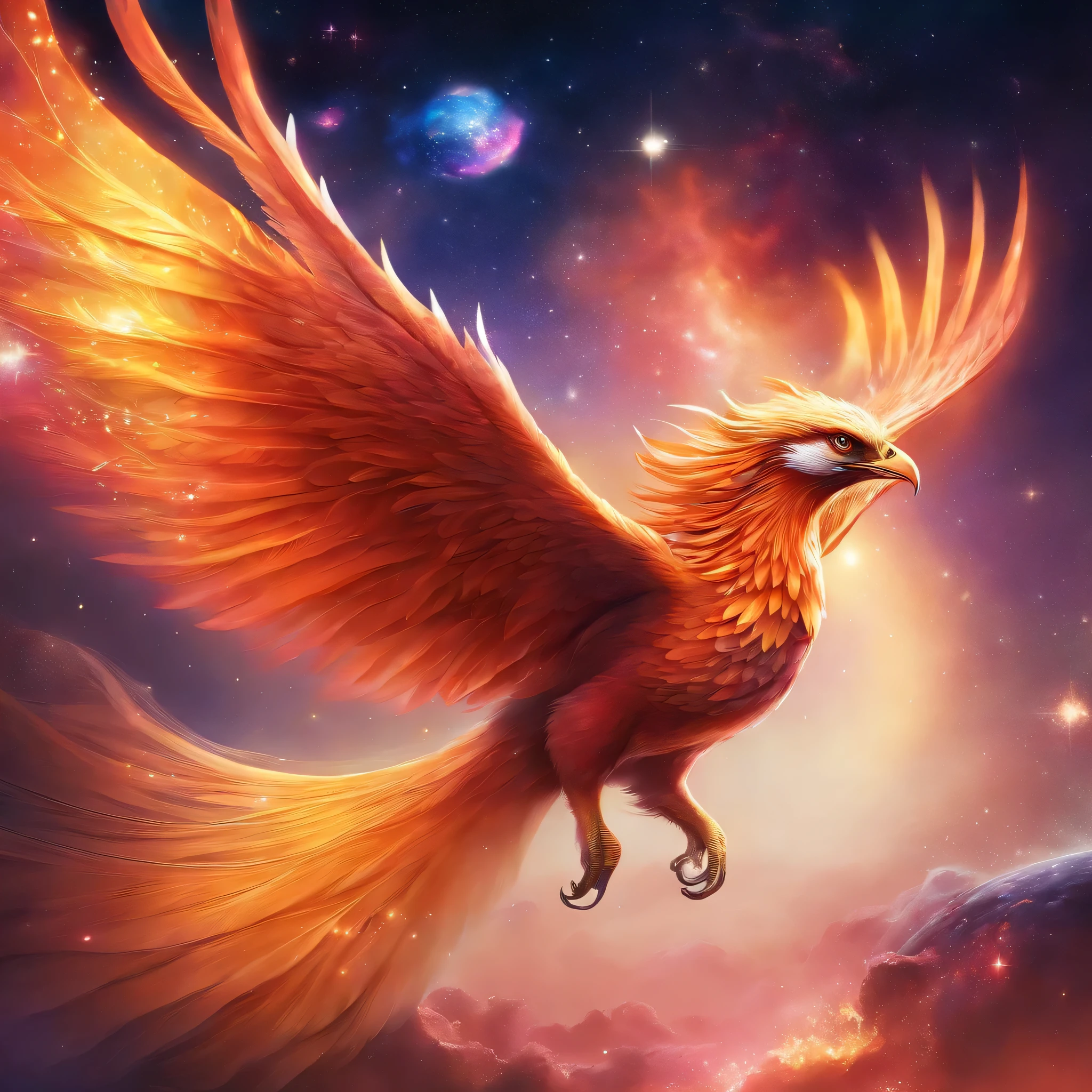 Proud Bright phoenix, flying through deep space with stars and planets in the background highly detailed, wings fully spread out, long tail feathers, perfectly formed feet and claws, realistic detail, UHD, 4k, dream like, surreal,