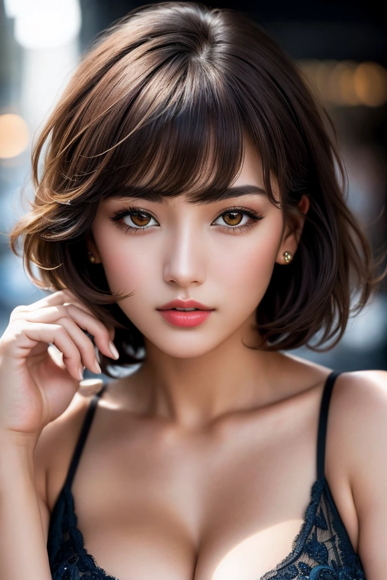 Ultra-genuineistic、 Ultra-detailed Golden Time Portraits、 最high quality、 8K、highest level、 Ultra - High resolution)、(super beautiful)、(beautiful face:1.5)、(detailed face:1.5)、(detailed eye:1.2)、(detailed lips:1.2)、(detailed nose:1.2)、(cleavage:1.23)、1 girl:1.3 22 years old、fashion supermodel、genuine:1.75、photogenuineistic:1.75、very delicate and beautiful、A masterpiece of fine detail、 最high quality、 high quality、 disorganized、 (sharp boobies)、(Glamour, paparazzi taking pictures of her)、 (light dark short hair、very detailed)、 contrast、 (dark shot:1.2)、 Long Blue_eyelash:1.27、 (dark_eyehadows:1.35)、 red_lipstick:1.45、((perfect round eye))、 ((Brown_eye:1.4))、 (dark_compensate:1.35)、(matte skin:1.3)、 ((Body shots from the waist up)), Various shot angles 