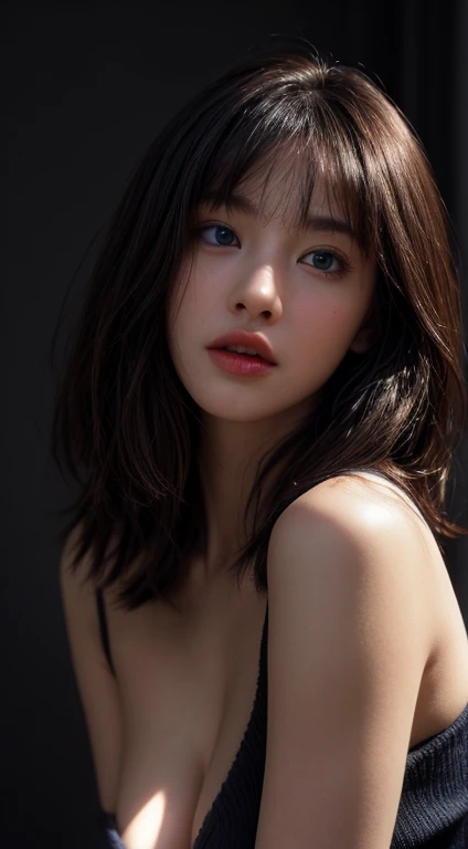 masterpiece, highest quality, Super detailed, Facing the camera, 複雑に詳細なSuper detailed, realistic, Sharp features, very detailed, sharp focus, perfect face, perfect face, perfect symmetrically perfect eyes, perfect lips, flexible female shape, cinematic, film light, very detailed, hyper realistic, masterpiece, in the atmosphere, High resolution, lively, Dynamic studio lighting, NSFW, ((dark background)), sexy face, Facial expression when feeling pleasure, straight bangs, big breasts, exposed cleavage, blue eyes,black sweater,