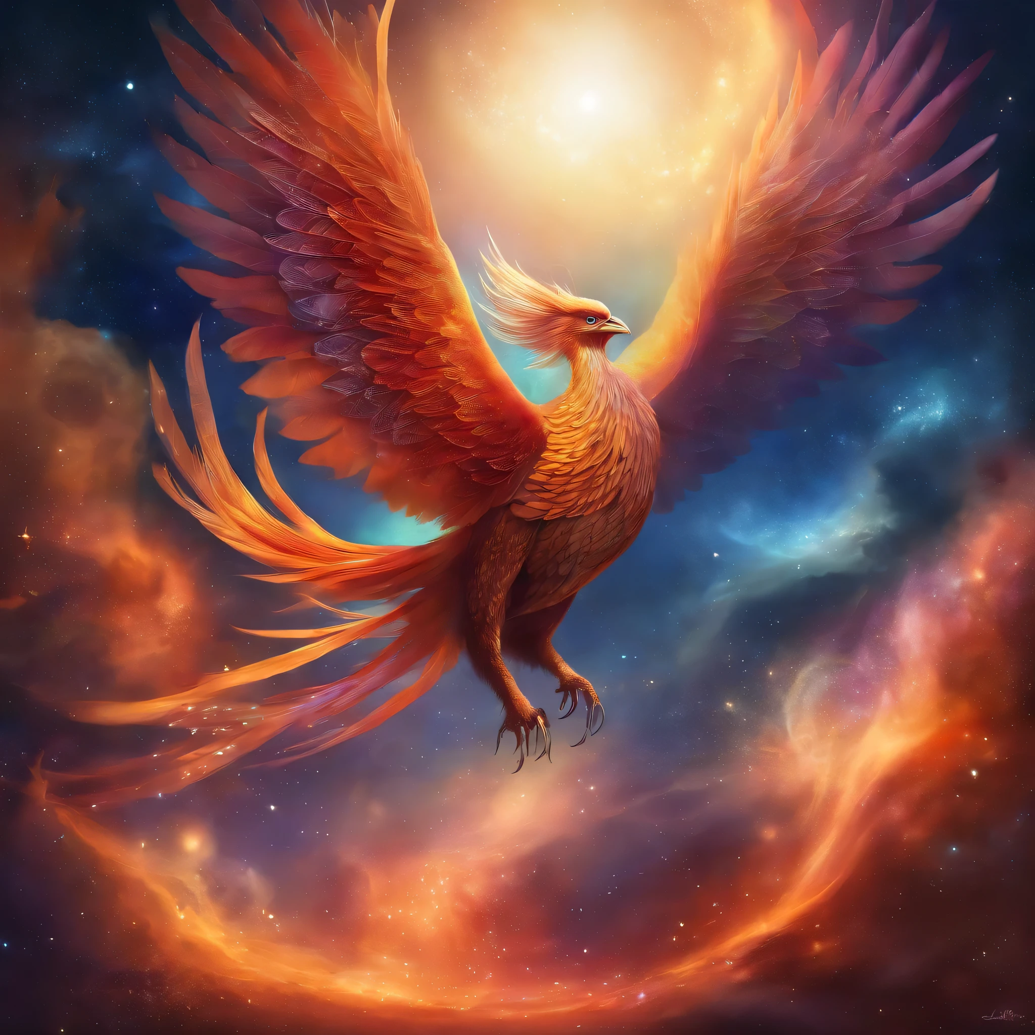 Proud Bright phoenix, flying through deep space with stars and planets in the background highly detailed, wings fully spread out, long tail feathers, perfectly formed feet and claws, realistic detail, UHD, 4k, dream like, surreal,