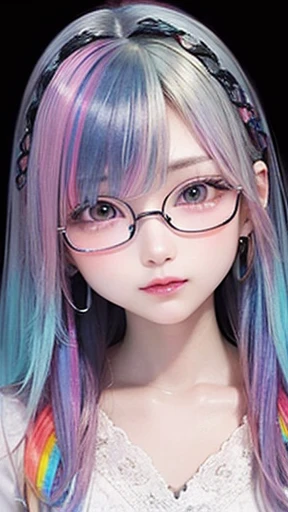 small face、 (alone:1.5,)Super detailed,bright colors, very beautiful detailed anime face and eyes, look straight,  shiny_skin,girl, (((rainbow colored hair: 1.5))), 、shiny hair, delicate beautiful face, blush、Glasses、(turquoise eyes), , Valletta, earrings,、flower garden、sunset、(（(Stylish lace mini skirt,Translucent shirt)))、（twin tails）、smile、happy face、face dyed red、cheerful pose、dynamic、Head to toe full body portrait、（I can see the whole body）