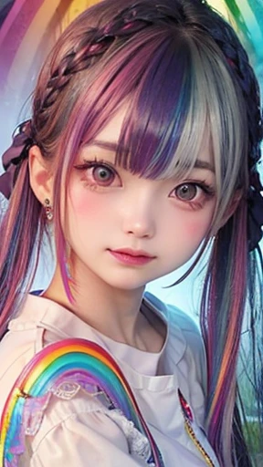 small face、 (alone:1.5,)Super detailed,bright colors, very beautiful detailed anime face and eyes, look straight, shiny_skin,girl, (((rainbow colored hair: 1.5))), 、shiny hair, delicate beautiful face, blush、Glasses、(turquoise eyes), , Valletta, earrings,、flower garden、sunset、(((Stylish lace mini skirt,Translucent shirt)))、(twin tails)、smile、happy face、face dyed red、cheerful pose、dynamic、Head to toe full body portrait、(I can see the whole body)
