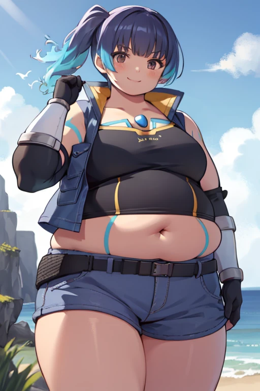 (Masterpiece, Best quality:1.2), Cowboy shot, Solo, 1girll, Year's on \(xenoblade\), Smile, view the viewer, Jacket, Crop top, Shorts, upper legs, Elbow gloves, bbw, plump, large belly, large breasts, large thighs, love handles, wide hips, weight gain