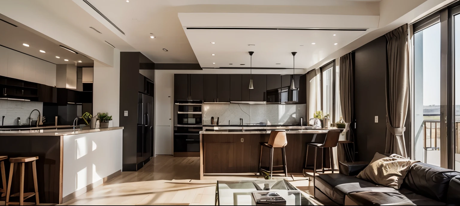 Draw it all for me according to the drawing . Living room and kitchen with an area of 450cm wide and 950cm long , Next to it is the elevator and the lobby is 400cm wide and 950cm long , Next is the horizontal car garage, 500cm long and 950cm long  , Interior design in modern style \