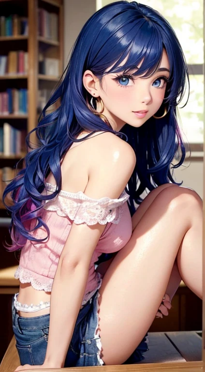 (table top: 1.3), (maximum resolution: 1.2), (Ultra HDTV: 1.2), cinematic light, Ultra HDTV, (fine eyes and skin), (detailed facial features), nffsw, 8K resolution, sharp focus: 1.2, perfect style, beautiful face, perfect body, Accurate, anatomically correct, Highly detailed face and skin texture, fine eyes, blue eyes, double eyelid, thin eyebrows, glitter eyeliner: 1.2, natural cheeks, Glossy skin, Fair skin: 1.2, small shiny necklace and earrings, (glossy lips: 1.4), break, one person's perspective, (She is a very cute female teacher.), (Cute pink lace panties), (enchanting smile: 1.2), ((innocent and cute girl:1.3)), (long wavy hair), (blue hair:1.2), , break, ((very close relationship: 1.2)), medium big breasts, ((looking at the viewer:1.2)), ((library 1.2)), ((Bend your knees and spread your legs wide:1.2)), (From the side:1.2),low angle shot,off shoulder sweater tight jeans mini skirt embarrassed look Kamimei