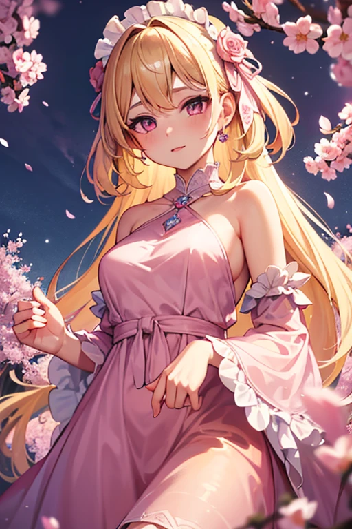 anime girl, blonde, red eyes, kimono, off-shoulder, sitting, moon, cherry blossom, night