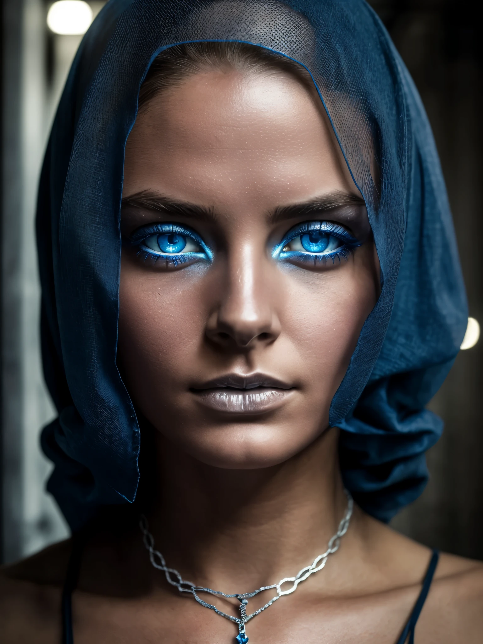 (best quality, highres, ultra-detailed), (portrait, mystery), A person in an (industrial, abandoned) warehouse, (face veiled), (piercing blue eyes), wearing (intricate silver jewelry). The mysterious figure stands in the shadows, illuminated by a single spotlight. The soft glow adds an enigmatic aura to the scene. The lighting is low key, creating dramatic contrast. The captivating (piercing blue eyes) draw attention, while the industrial setting adds a sense of mystique. The intricate silver jewelry adds an element of intrigue.