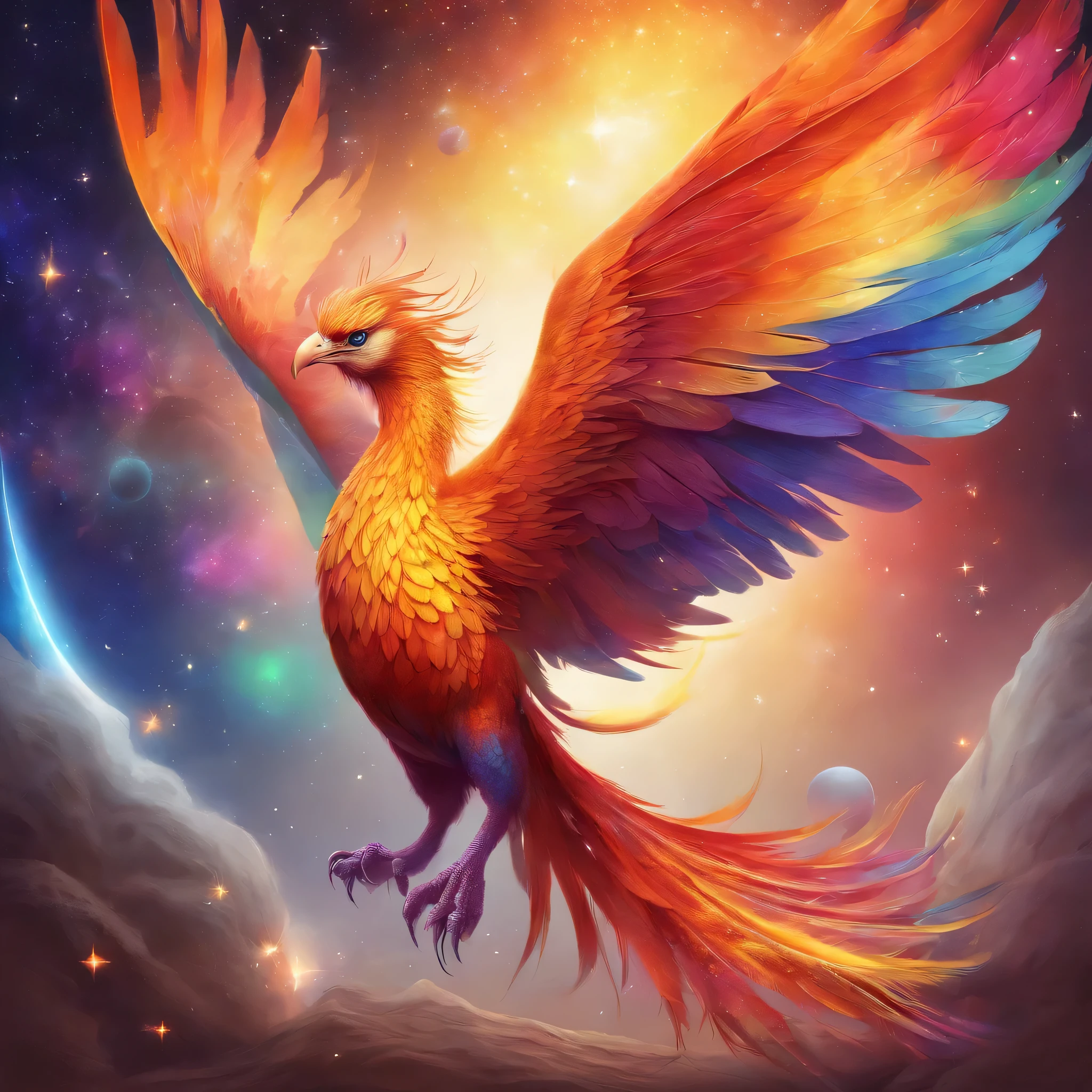 Proud Bright phoenix, flying through deep space with stars and planets in the background highly detailed, wings fully spread out, long tail feathers, perfectly formed feet and claws, realistic detail, UHD, 4k, dream like, surreal,Rainbow-colored