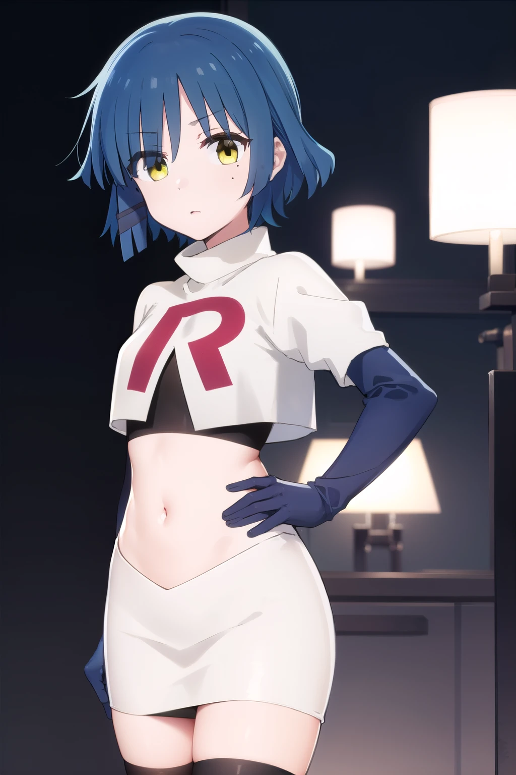 ryouyamada, ryou yamada, blue hair, eyes visible through hair, mole, mole under eye, short hair, (yellow eyes:1.3), hairclips,
BREAK team rocket,team rocket uniform,white skirt,red letter R,crop top,black thigh-highs,black elbow gloves
BREAK looking at viewer, (cowboy shot:1.5),
BREAK (masterpiece:1.2), best quality, high resolution, unity 8k wallpaper, (illustration:0.8), (beautiful detailed eyes:1.6), extremely detailed face, perfect lighting, extremely detailed CG, (perfect hands, perfect anatomy),