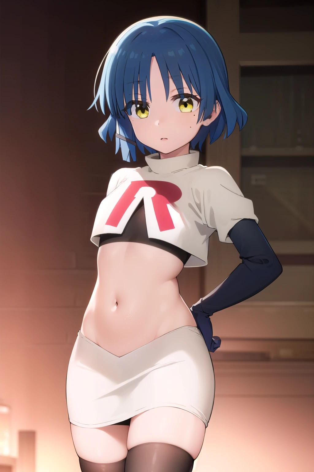 ryouyamada, ryou yamada, blue hair, eyes visible through hair, mole, mole under eye, short hair, (yellow eyes:1.3), hairclips,
BREAK team rocket,team rocket uniform,white skirt,red letter R,crop top,black thigh-highs,black elbow gloves
BREAK looking at viewer, (cowboy shot:1.5),
BREAK (masterpiece:1.2), best quality, high resolution, unity 8k wallpaper, (illustration:0.8), (beautiful detailed eyes:1.6), extremely detailed face, perfect lighting, extremely detailed CG, (perfect hands, perfect anatomy),