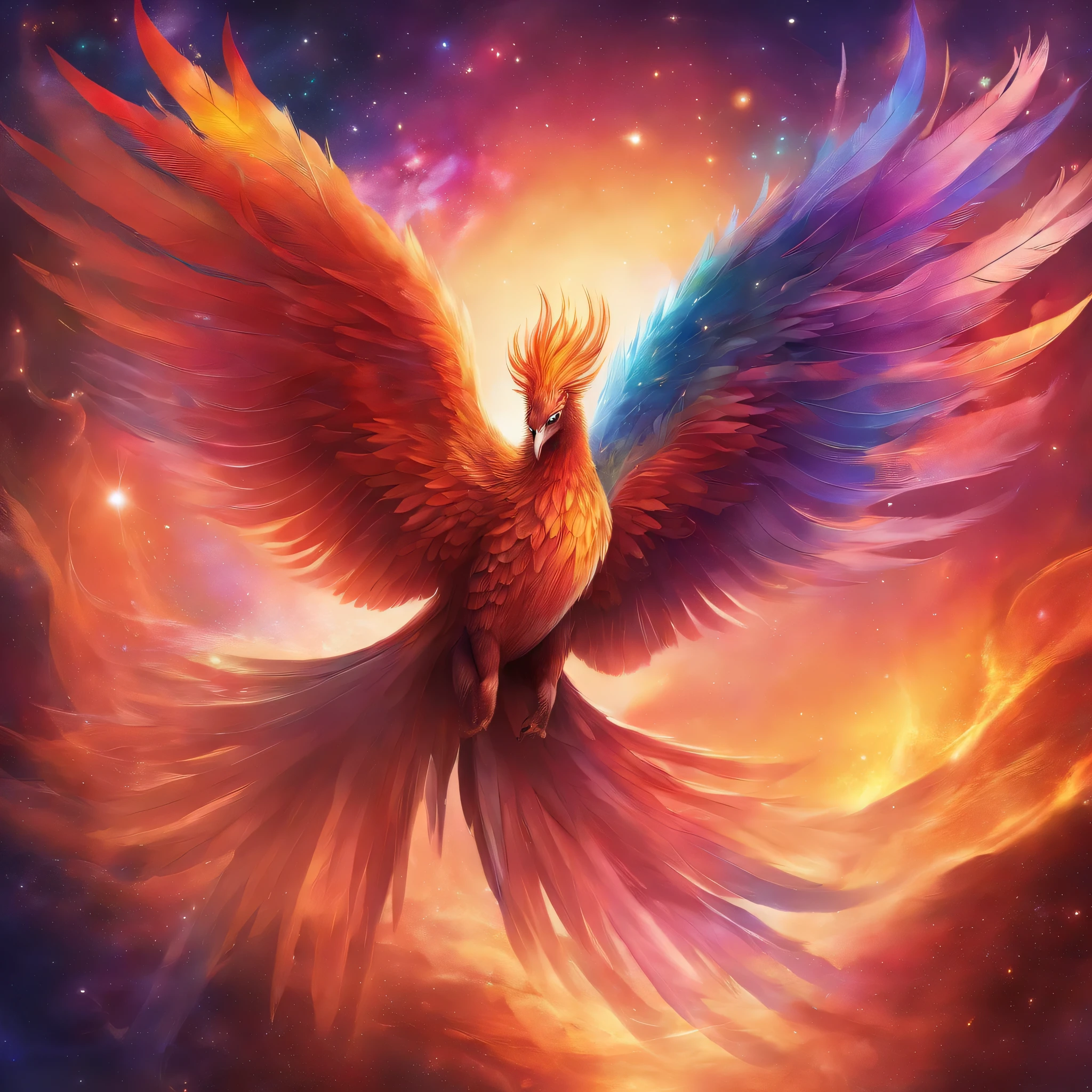 Proud Bright phoenix, flying through deep space with stars and planets in the background highly detailed, wings fully spread out, long tail feathers, perfectly formed feet and claws, realistic detail, UHD, 4k, dream like, surreal,Rainbow-colored