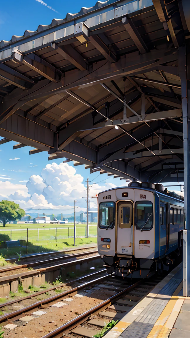 highest quality, beautiful vast plains, Lush, flower, earth, horizon, (Detailed modern station platform with a girl), cumulonimbus, Blue sky, Showers, eki platform, shinkai makoto