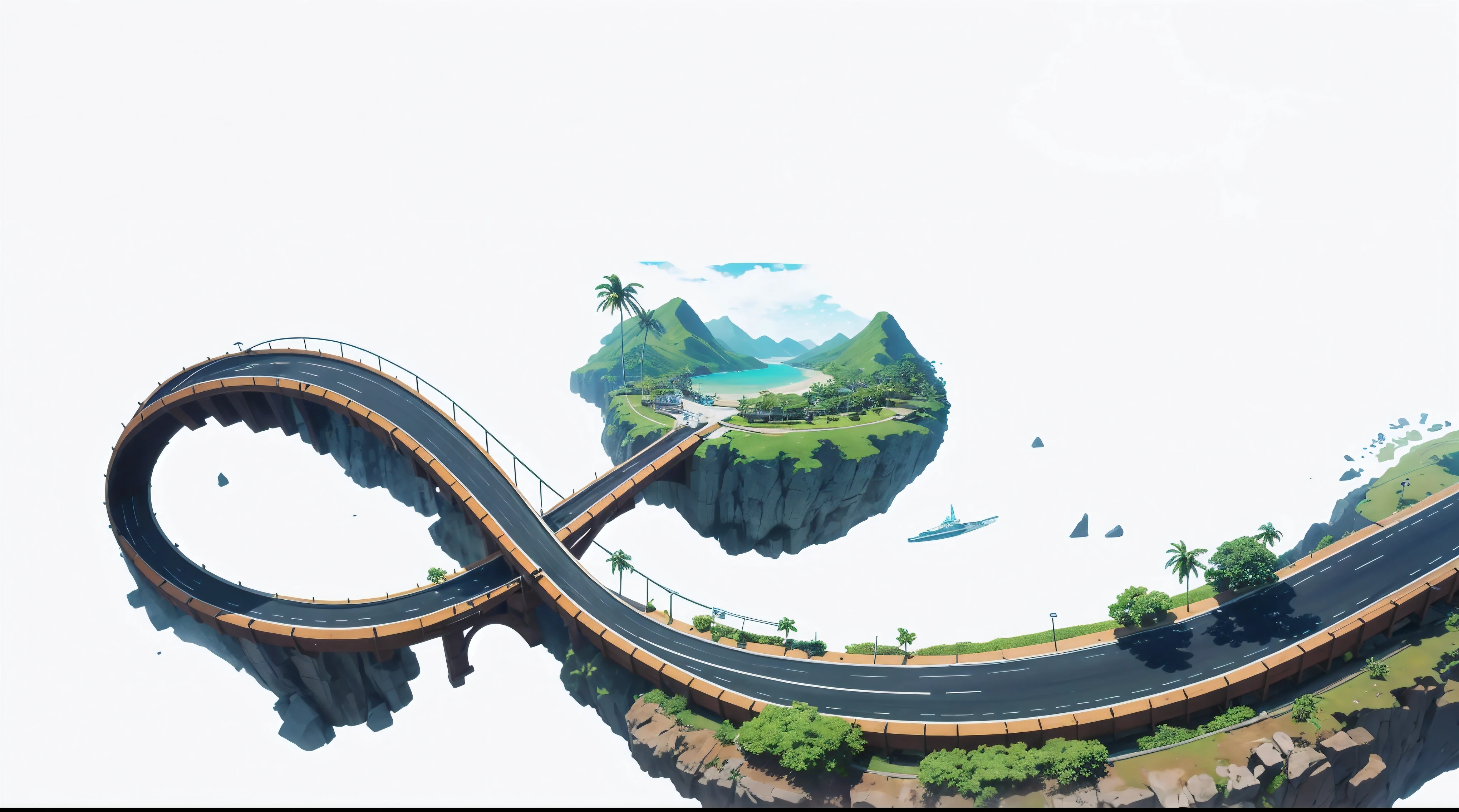 Beautiful anime landscape highway leading to tropical island,lifelike,c4d model,2.5D,Coastal Highway,There are beaches and ocean on both sides,Adding marine elements,Add coconut tree elements,masterpiece,best quality,detailed,anime style,high quality,detailed