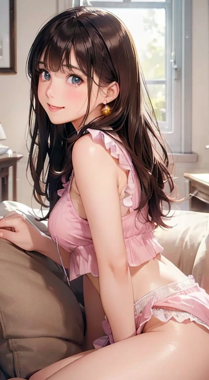(table top: 1.3), (maximum resolution: 1.2), (Ultra HDTV: 1.2), cinematic light, Ultra HDTV, (fine eyes and skin), (detailed facial features), nffsw, 8K resolution, sharp focus: 1.2, perfect style, beautiful face, perfect body, Accurate, anatomically correct, Highly detailed face and skin texture, fine eyes, dark blue eyes, double eyelid, thin eyebrows, glitter eyeliner: 1.2, natural cheeks, Glossy skin, Fair skin: 1.2, small shiny necklace and earrings, (glossy lips: 1.4), break, one person's perspective, (She is a very cute female teacher.), (pink lace panties), (enchanting smile: 1.2), ((innocent and cute girl:1.3)), (long wavy hair), (light brown hair:1.2), (cowboy shot: 1.2), break, ((very close relationship: 1.2)), medium big breasts, ((looking at the viewer:1.2)), ((On the sofa in the girls' room:1.2)), ((Bend your knees and spread your legs wide:1.2)), (From the side:1.2),low angle shot sleeveless knit sweater ruffle skirt embarrassed look lying on one's back
