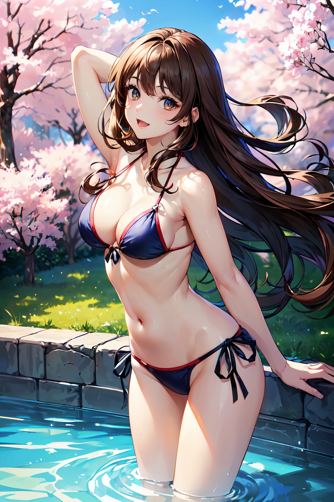 (((highest quality、masterpiece、highest quality、very high resolution、Super high quality、perfect pixel))), (((A beauty from the finest arts college,one woman,single, solo))), ((He has a neat face,Beautiful faces are described in detail, blush、cute face、beautiful outline、smile, open your mouth:1.2)), ((long hair, bangs, brown haired:1.5)),((Beautiful long, narrow eyes:1.4, beautiful eyes,strong-willed eyes, beautiful eyelashes, realistic eyes)), ((Medium chest,chest enhancement,emphasize,beautiful feet:0.9)),((She is wearing a front-tied bikini.)),((realistic skin texture:0.75, realistic texture:0.65, realistic:1.1, Anime CG style, Bright colors)), ((standing posture,dynamic angle, perfect body,dynamic pose, model shoot)), ((Mysterious open-air bath,Cherry tree)),The wind is blowing、beautiful anime woman, beautiful art style, anime character、Overall image、Detailed image、accurate anatomy、Image without defects、natural soft light、beautiful images、highly detailed images、(Best Shot 1.2)