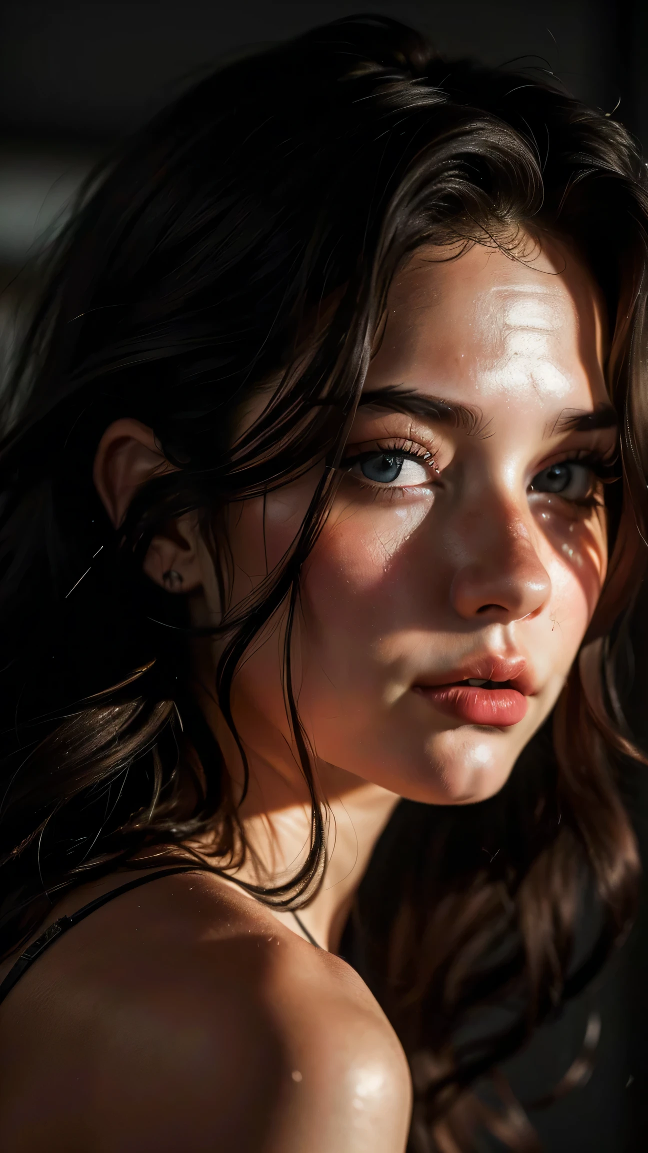 (((ultra realistic))) photo, chef-d'artwork, superior quality, (pale skin), (Visage et yeux Ultra detaileds:1.2), sparkling eyes, 1 fille, soutien-gorge rouge, ambiance sombre, fond sombre, (maquillage pour les yeux, mascara) , ((dark wavy hair)) , ((Elegant hairstyle)) , {gigantesque|huge|mega}seins, (A slight smile), ((Posant)), Photo shoot, studio (contour lighting), (The play of light and'ombres), profondeur de champ, Bokeh, (attention particulière aux détails de la peau: 1.2), Detailed leather texture, pores de la peau, ((Dark and ambiance sombre frame. palette de couleurs - noir, gris, Ashy, Tonnes)), ((grain de film, effet vhs)), ((des rayons)) , ((portrait taille haute, near the camera)) , Ultra detailed,
