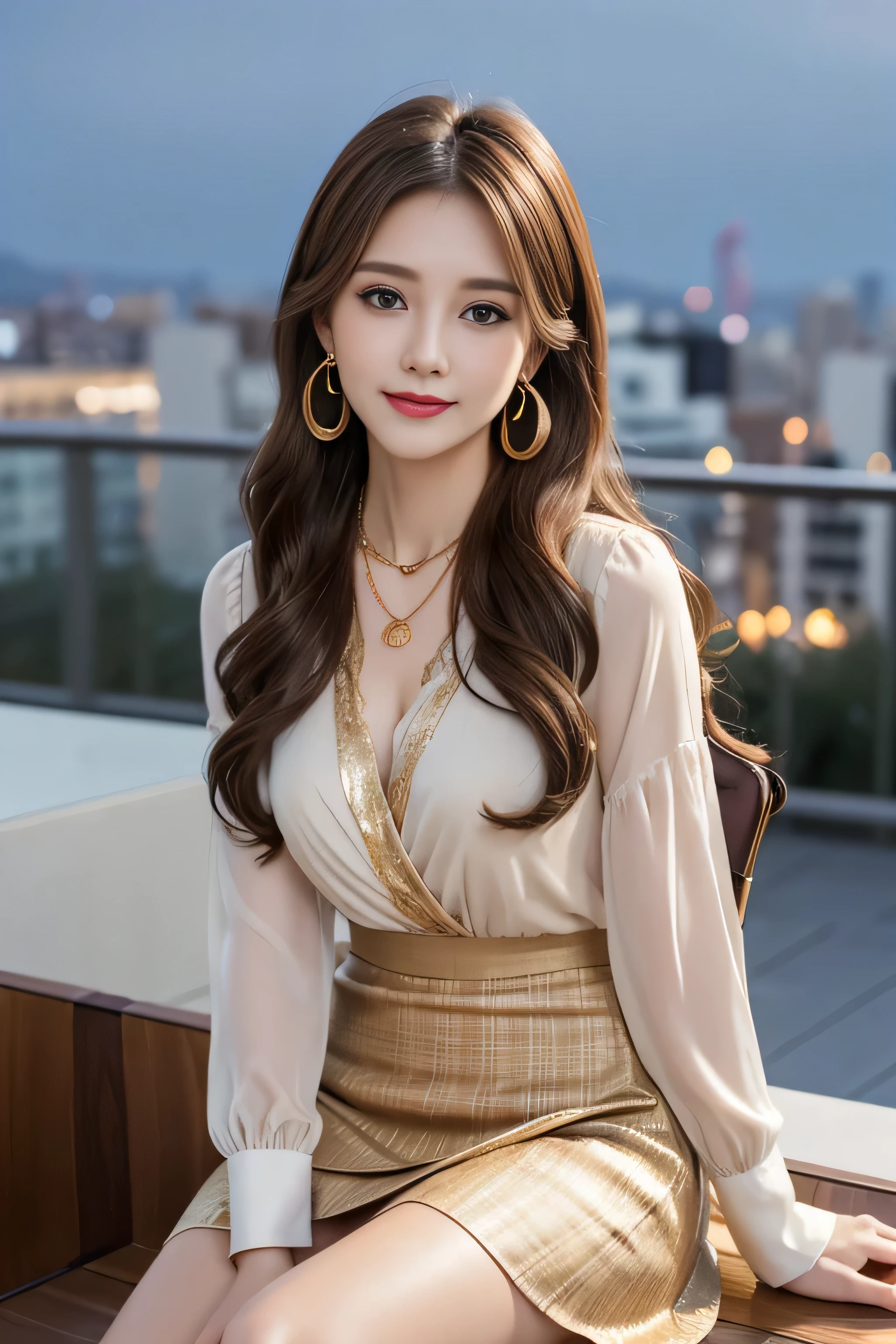A sneak peek、whole body、field, highest quality, realistic, Super detailed, down to the last detail, High resolution, 4k wallpaper, Beautiful woman,, light brown hair, wore a suit, perfect dynamic composition, beautiful and delicate eyes, delicate hair, Round face model body type、mini skirt、droopy eyes,shy smile,Floral blouse、Blouse with ribbon:1.3、fancy orange and white printed dress, A mini pleated skirt with lots of checked folds、((Super long brown hair:1.2))((Hair with loose waves inside:1.2)),((shy smile:1.3)),((gold necklace_Large earrings:1.2)),fullbody shot、((full figure supermodel standing, entire body in frame))、((sitting on a chair, night view terrace background:1.3)),