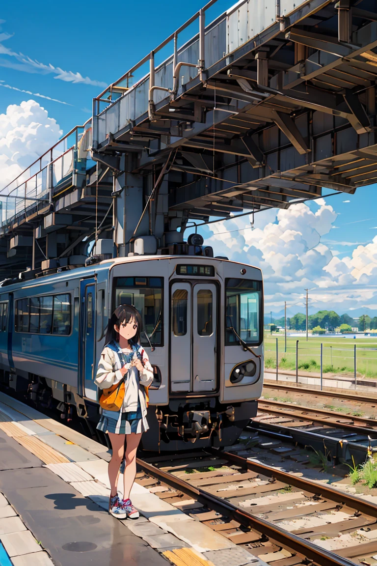 highest quality, beautiful vast plains, Lush, flower, earth, horizon, (Detailed modern station platform with a girl), cumulonimbus, Blue sky, Showers, eki platform, shinkai makoto