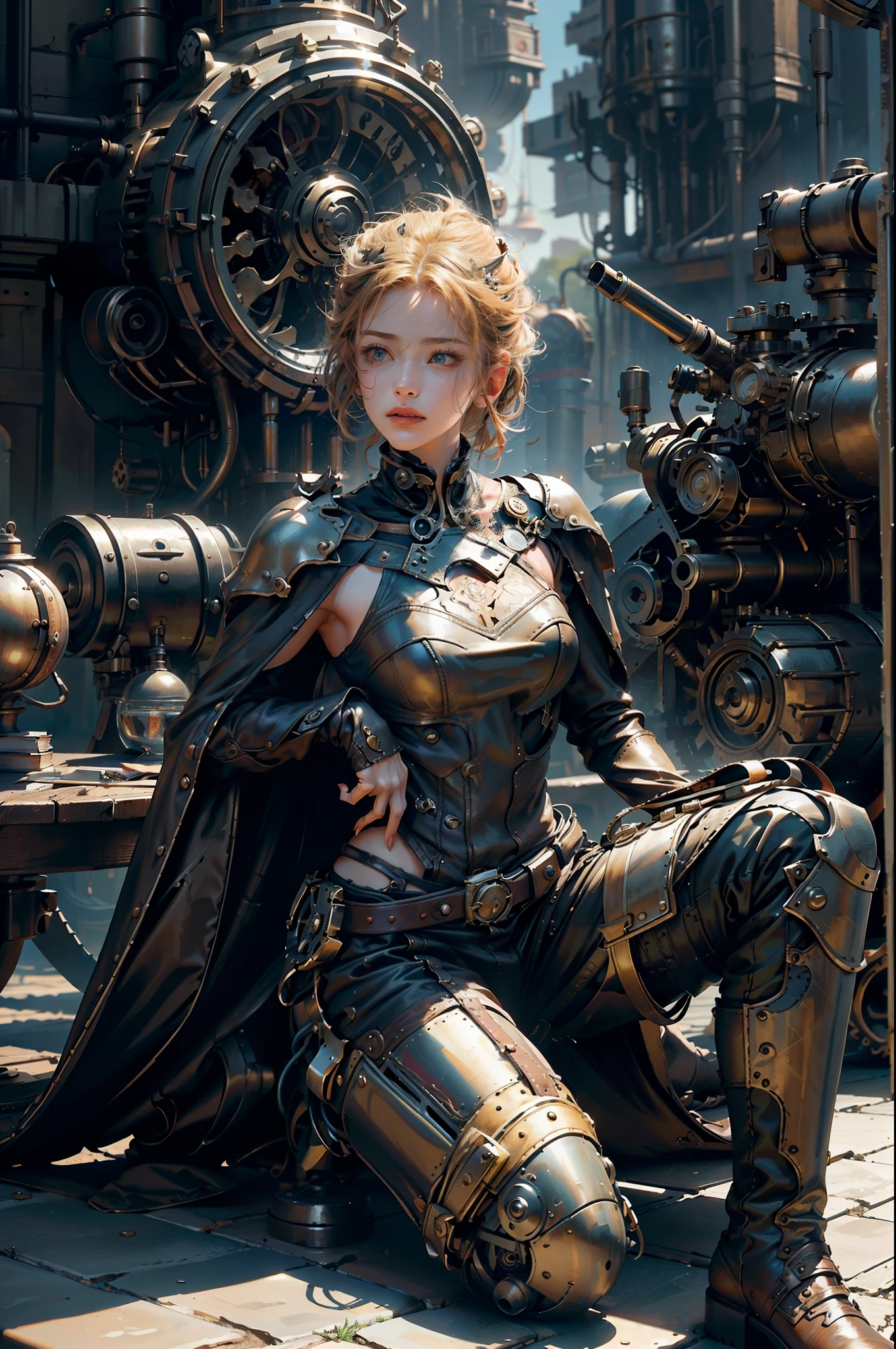 steampunk, BDSM、((table top)), (最high quality), nffsw, retina, Accurate,Long lace-up boots up to the knee、 ((anatomically correct)), rough skin, Super detailed, advanced details, high quality, award-winning, 最high quality, High resolution, 8K, cast a shadow, anaglyph, stereogram, atmospheric perspective, surrealism, Depth of the bounds written, reflected light, Backlight, outside the border, move the chart, outside the frame, dutch angle, dutch angle, cowboy shot, 8K, Super detailed, Accurate, one girl, Beautiful long blonde with bangs, , long eyelashes, solid circle eye, ((very shiny skin)), (Juicy skin), Very shiny clothes, outside the house, Complex mechanical devices, Machine Wall, Gigantic Cogwheel, Countless gears, There are lots of pipes, Steam eruptions, spark of light, Many instruments,action pose, Place your left hand on your hip、Raise your right arm, spread your arms out to the sides, spread your legs,