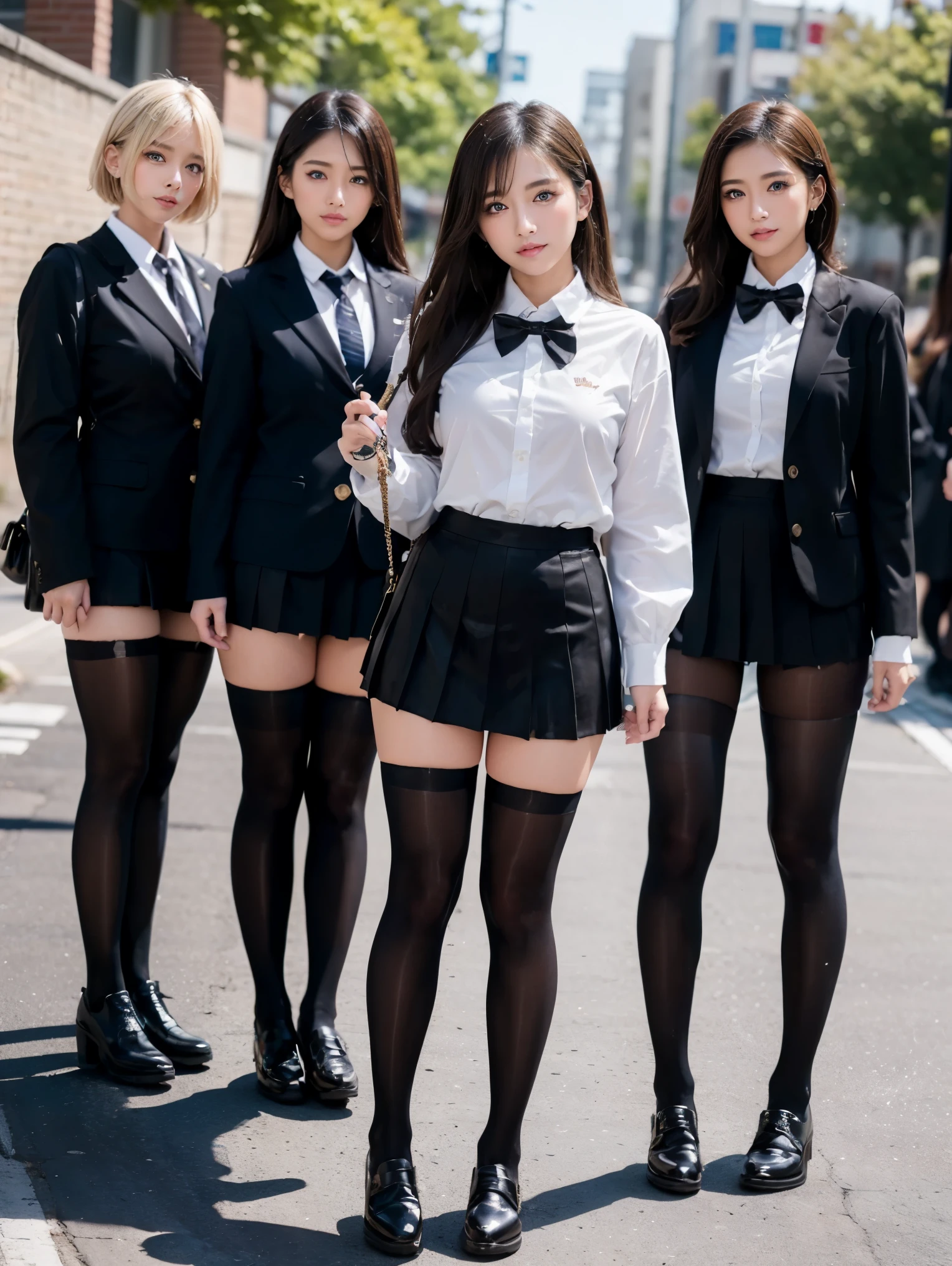 ((There are four people:1.8))、(4 sisters)、gal、(neon street)、(Four tall high school girls with model-like figures:1.8)、(Standing facing this), Full body photo shoot、(gal達の修学旅行の集合写真:1.7)、(wide thighs, とてもlong legs), high heels on the ground, classroom, (masterpiece:1.3), (8K, realistic, Raw photo, highest quality: 1.4), beautiful face, (realistic face), (blonde short cut:1.3), realistic目, Pretty pretty eyes, realistic skin, beautiful skin, ultra high resolution, Super realistic, very detailed, golden ratio, cute, cute female teacher, High school girl in summer clothes, surreal high school girl, pleated micro mini skirt, Milk splashed on the uniform、濡れたpantyhose、pantyhose, (black stockings)、high heel loafers, full body figure, thin arms, (big breasts)、black leather designer bag、 High school girl in jk uniform, surreal high school girl, pleated micro mini skirt, Milk splashed on the uniform、ミルクがぶっかかったpantyhose、pantyhose, black stockings、high heel loafers, full body figure, thin arms, big breasts、 wide thighs、long legs,