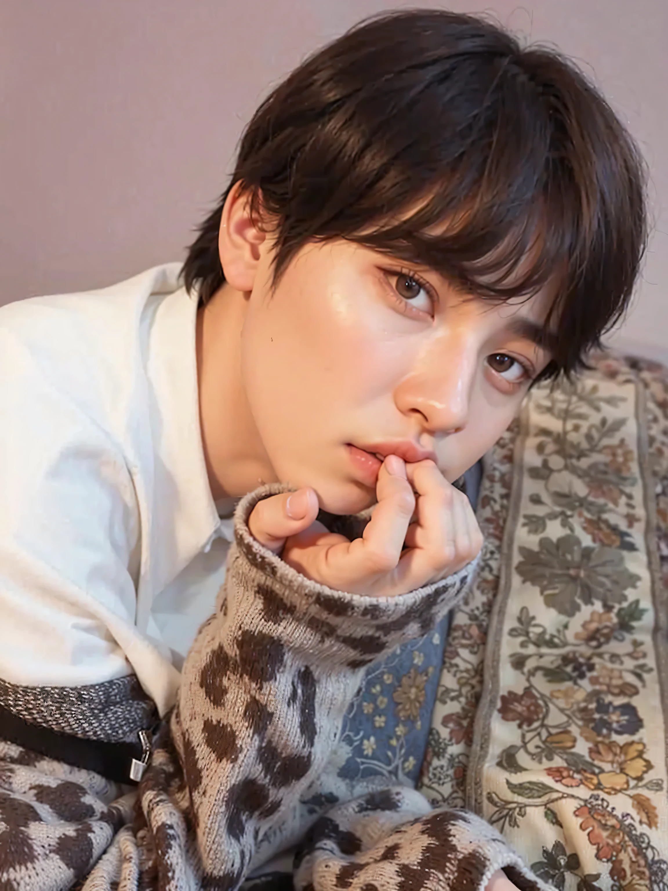Imagen arafed de un hombre con una chaqueta con estampado de leopardo., jungkook, taehyung comiendo papas fritas gucci, kim doyoung, inspirado en Kun Can, hyung tae, handsome young prince, pintar ulzzang, kim taejin, taken in the early 2020s, bts, retrato de jossi de blackpink, jinyoung shin, Cai Xu Kun, foto de perfil