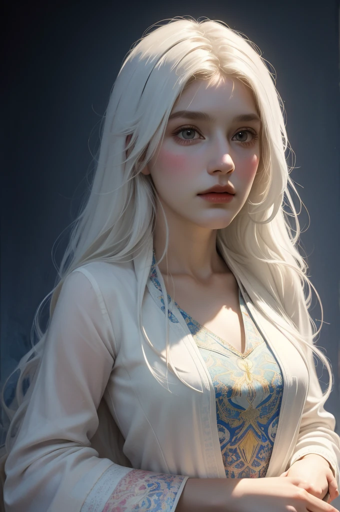 Hyperrealist portrait of female by david hockney and alphonse mucha,fantasy art, photo realistic, dynamic lighting, artstation, poster, volumetric lighting, very detailed faces, 4 k, award winning,, 1girl, in the dark, deep shadow, low key,cowboy shot,(official clothing:1.4) ,long hair,white hair,
