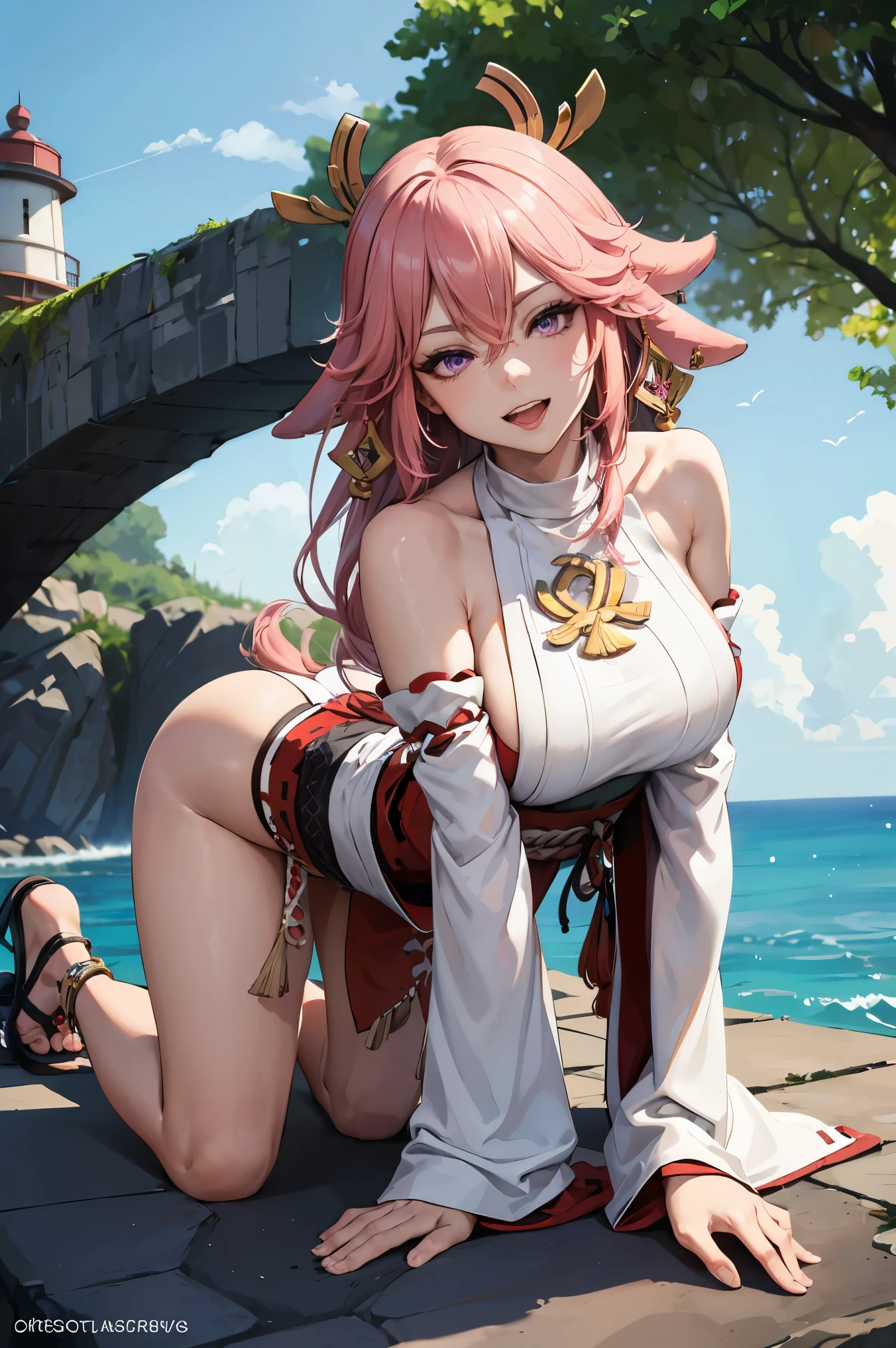 (masterpiece, best quality), 1girl,solo,pink hair,low tied long hair,purple eyes,large breasts,earrings,animal ears,hair between eyes,hair ornament,fox ears,
BREAK (detached sleeves,jewelry,sandals,wide sleeves,bare legs,bare shoulders,japanese clothes,very long hair,anklet,bangs,smile,white shirt,nontraditional miko,long sleeves:1.2),
BREAK doggystyle, all fours,  sex from behind, facing viewer, tongue out, open mouth , smile ,rolling eyes,
BREAK A lighthouse on a cliff by the sea,
BREAK ((top quality, 8k, masterpiece: 1.3, ultra hd, high quality, best quality, high definition, realism)), sharp focus: 1.5, Beautiful woman with Slim body, (perfect hands, perfect anatomy),