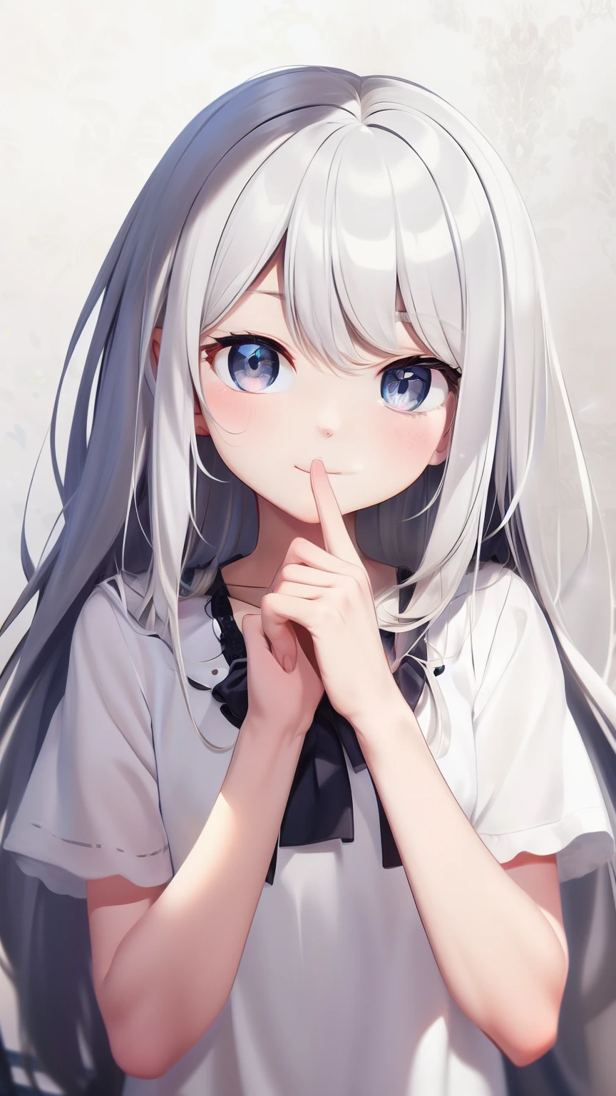 ((masterpiece, best quality))++, Detail lights+, detail hair+, Detail hand+ ,1 girl, Honey, long gray hair, dark blue eyes, beautiful eyes, Young gray hair,,(beautiful white hair:1.5),(beautiful eyes), high resolution+, black stockings , a white pajamas, Glass tones, Reflective eyeanyery detail wallpaper, The original, ,Headband ,Nature,White rose