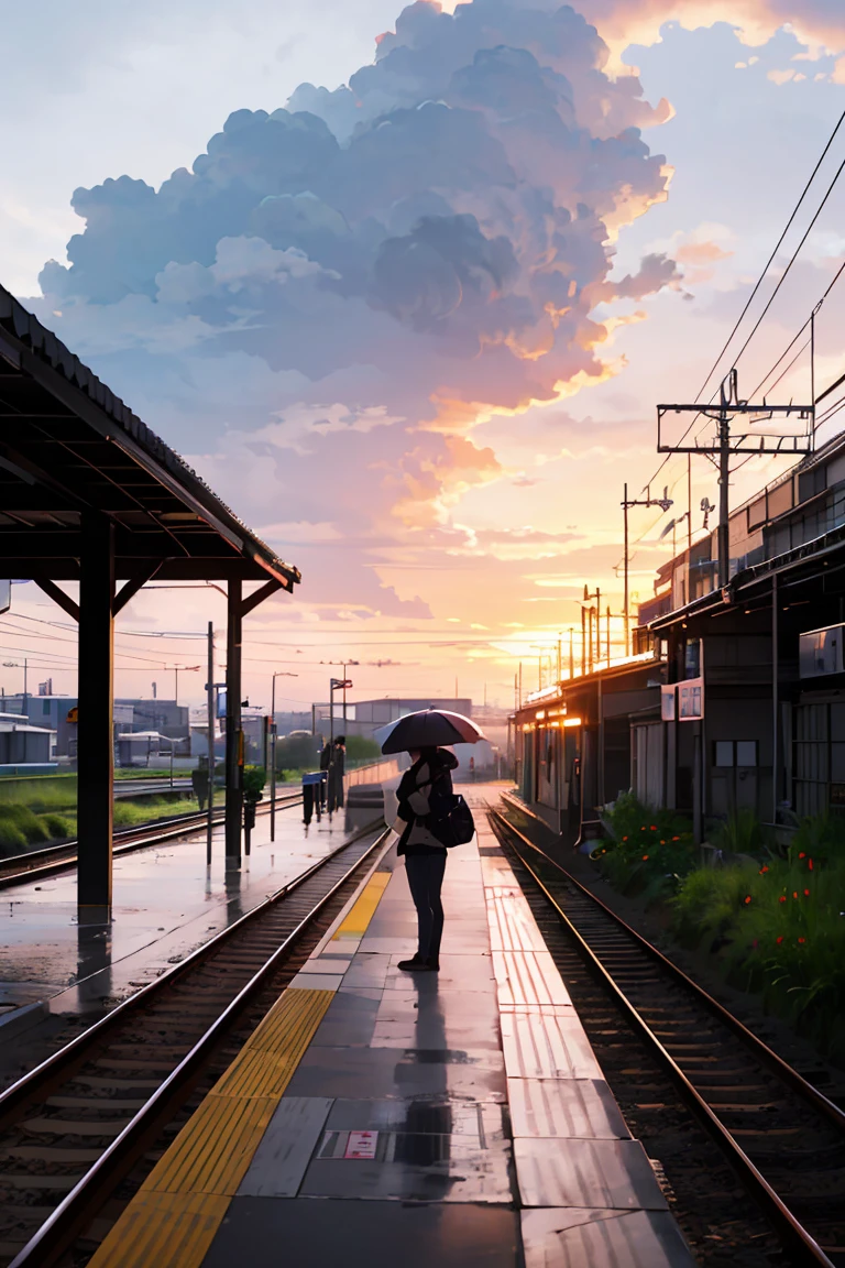 highest quality, beautiful vast plains, Lush, flower, earth, horizon, (A girl on the platform of a hidden station), cumulonimbus, Sunset, sudden rain, eki platform, shinkai makoto