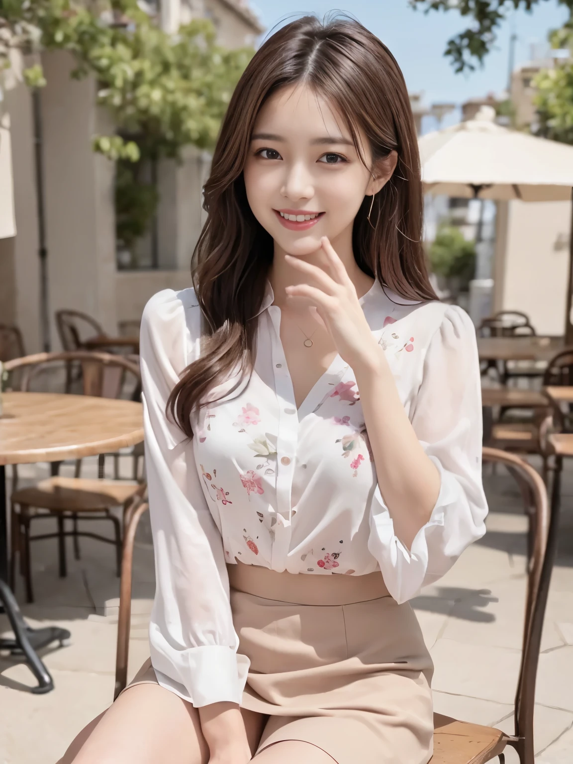 best quality, realistically, super detailed, High resolution, 8k wallpaper, 1 beautiful woman,Shiny skin、japanese girl、 Pink wet lips, floral blouse、white skirt, lock focus, perfect dynamic composition, beautiful eyes, delicate hair, Detailed realistically skin texture, smile, close up portrait, model body shape, On the open terrace of the cafe, (full body shot), sitting、smiling happily、Close your eyes and laugh out loud、Clap your hands.