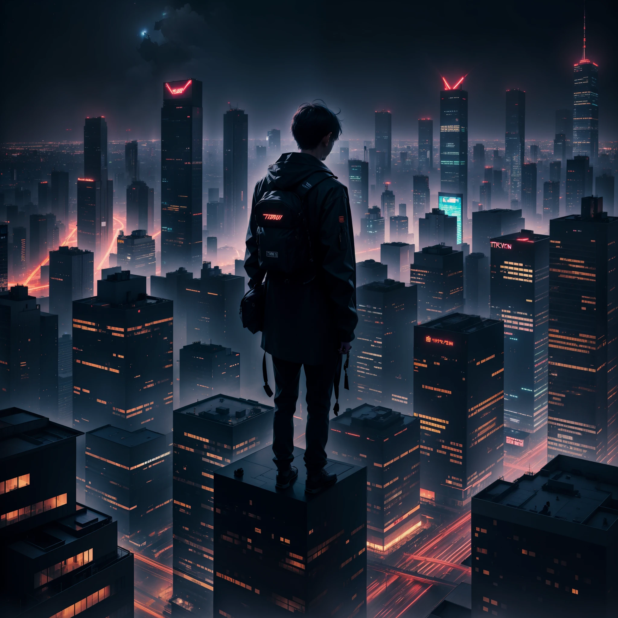 Tokyo night, neon light, A boy on top of a very tall building, lots of lights
