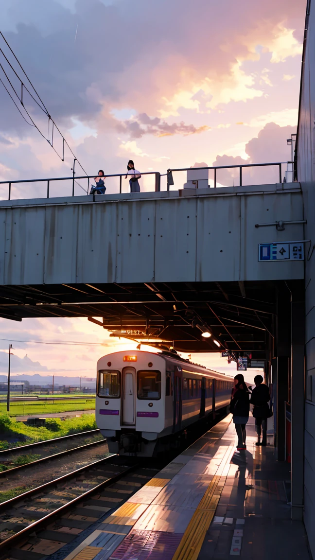 highest quality, beautiful vast plains, Lush, flower, earth, horizon, (Detailed modern station platform with a girl), cumulonimbus, Sunset, sudden rain, eki platform, shinkai makoto