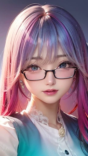 small face、 Super detailed,bright colors, very beautiful detailed anime face and eyes, look straight,  shiny_skin,girl, (((Gradient Hair: 1.5))), 、shiny hair, delicate beautiful face, blush、Glasses、(turquoise eyes), , Valletta, earrings,、flower garden、sunset、(（(Stylish lace mini skirt,Translucent shirt)))、（twin tails）、smile、happy face、face dyed red、cheerful pose、dynamic、Head to toe full body portrait、（I can see the whole body）