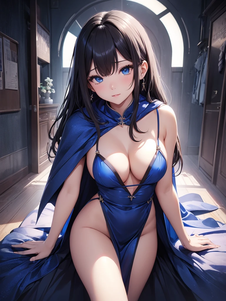 (top-quality、hight resolution)、"Do you want to fuck me? Okay"、blue slip dress、cape、、Emphasis on cleavage