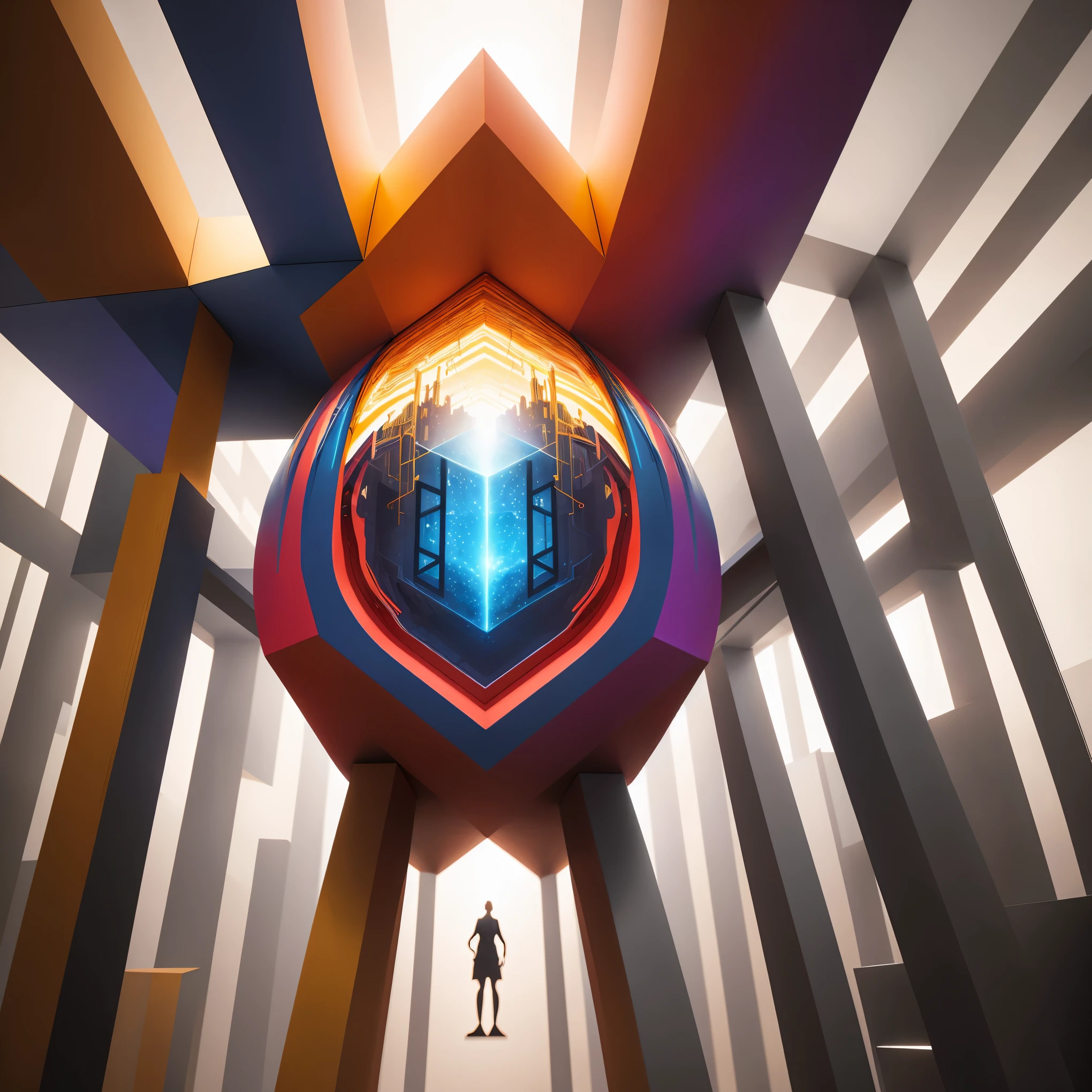 A giant geometric structure, abstract art, three-dimensional construction, light piercing through, colorful gradients, surrealism, high-definition rendering, seamless integration,ultra-detailed, HDR, professional, vivid colors, studio lighting