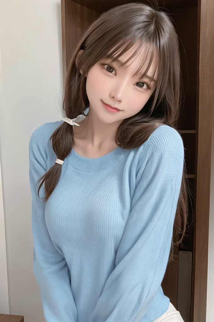 masutepiece, Best Quality, Photorealsitic, finely detail, hight resolution, 8K Wallpapers, Perfect dynamic composition, Beautiful detailed eyes, long Hair, poneyTail、Medium chest, Random and sexy poses,Bring your chest together、(Tight Blue Knitwear)、(Breast bulge)、A smile、open open mouth、The tip of the tongue is visible、Beautiful resort scenery、24-years old、(Drooping eyes 1.4)、Adult beauty、japanes、Raise one hand、Beautiful armpits, 1girl, solo girl,