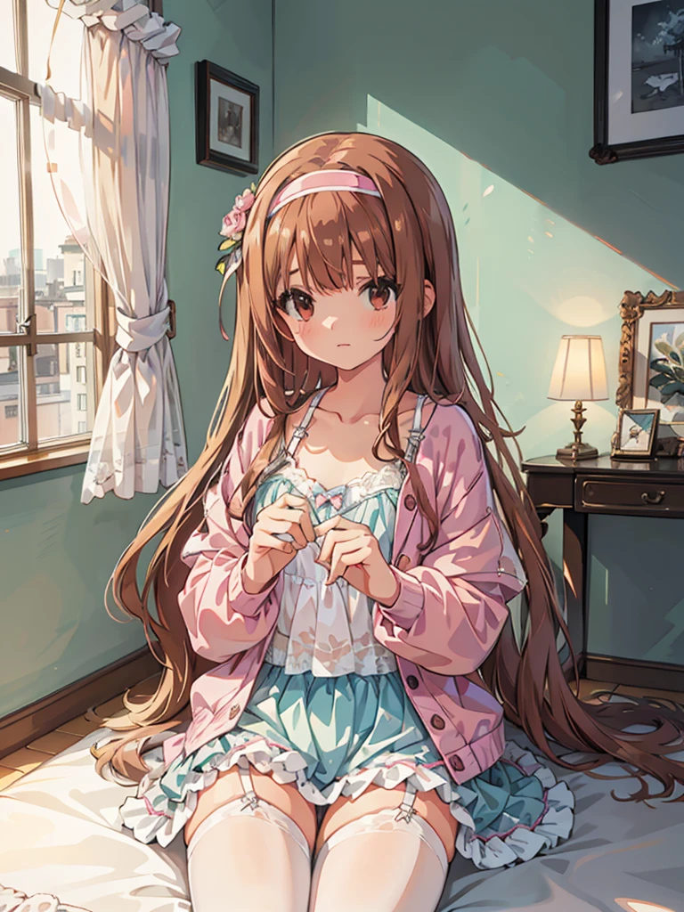 beautiful illustrations, highest quality, pretty girl, 1girl, Bedroom, pastel colour, (two-separated lingerie), reddish brown long hair, headband, cute lingerie, bright lighting