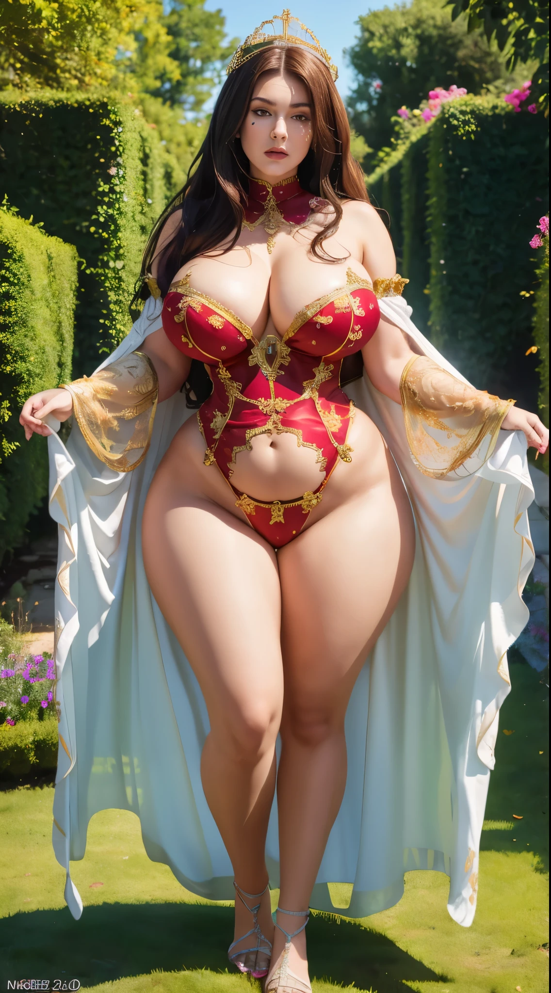 (m1n1jello:0.6), wide hips, curvy, pawg, large breasts, thick thighs, standing, close shoot, from below, in a garden, slim, slender, (masterpiece), (best quality:1.2), absurdres, intricate details, (highly detailed skin:1.2),, photorealistic, beautiful women, best quality, (masterpiece:1.3), closed mouth,(highly detailed face:1.3), perfect face, full lips, full body view, queen costum, on castile 
Base Negative 2.0,,jewelry