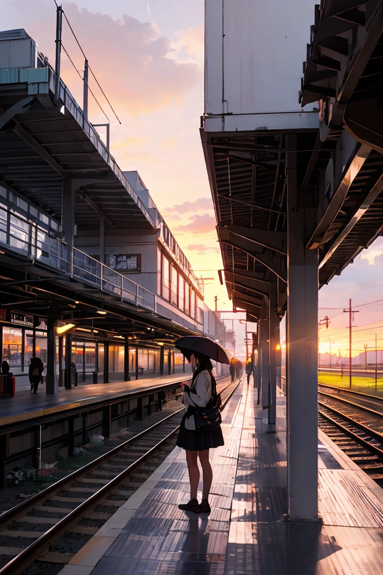 highest quality, beautiful vast plains, Lush, flower, earth, horizon, (Detailed modern station platform with a girl), cumulonimbus, Sunset, sudden rain, eki platform, shinkai makoto