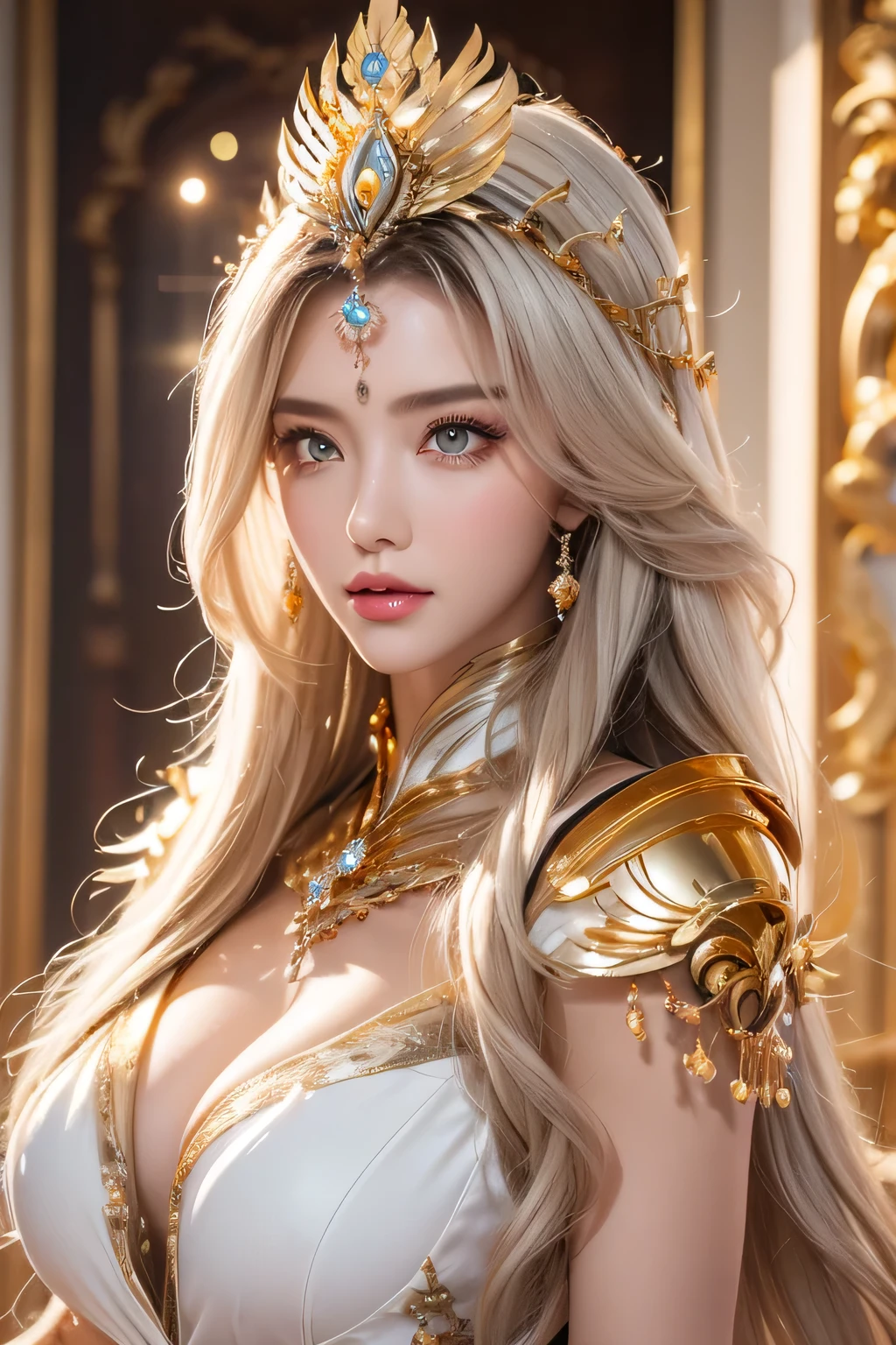 High-quality work，Realistic works，Super premium graphics，8K HD CG works，high quality graphics，High-definition and exquisite CG works，10x pixels，Ultra-fine details：1.1，Advanced technical details：1.1Realistic photo effects，Interior lighting effects：1.5，natural soft light：1.5. Light effect（Virtual light effects：1.8），ultra high resolution，shining dress，sliver long hair，silber hair，transparenthair，high detailed hair（Quality hair details：1.1）Clear eyes，Double eyelids look good，Sharp eye makeup, Create exquisite eyelash makeup, tthin eyebrows, Ultra-detailed eyes，a tall nose, lovely red lips, rosey cheeks, With delicate makeup on her face , pretty face, The face shape is perfectly proportioned,（Advanced facial details：1.1）(Best Quality), Princess Bath, (Saint Seiya|Crystal: 1.5), Dynamic Pose, (Five Color Crystals: 1.6), ((Masterpiece)), (Detail: 1.4), , Panorama, Wide Angle, Cinema Lighting, (Gold|White: 1.5), Glow Special Effects, Solo, Laser Sword, Textured Skin 3D, HDR, Highest Image Quality 16K, Best Quality, Crazy Details, David La Chapelle Style Lenses, Professional RAW Color Photos, Masterpiece from Canon EOS R6 Shooting, Ray tracing, surrealist detailing, unrealistic engine style，Women's artwork，Dress full body video，Realism，Amazing Cleavage，My eyes are very bright today
