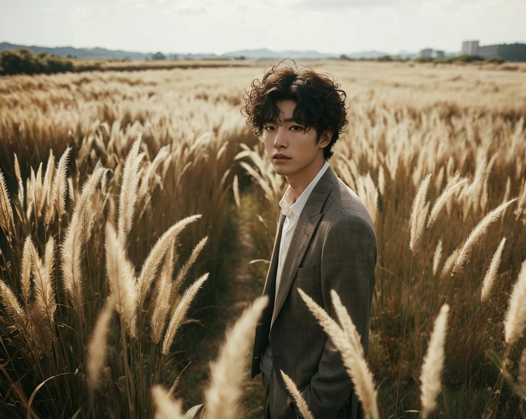 Full shoot photography, a korean man with curly hair, walking through a tall grass field, standing in a field, standing alone in a grassy field, standing in a barren field, walking in a high grass field, standing in tall grass, in the middle of a field, cinematic style, turned to the camera.