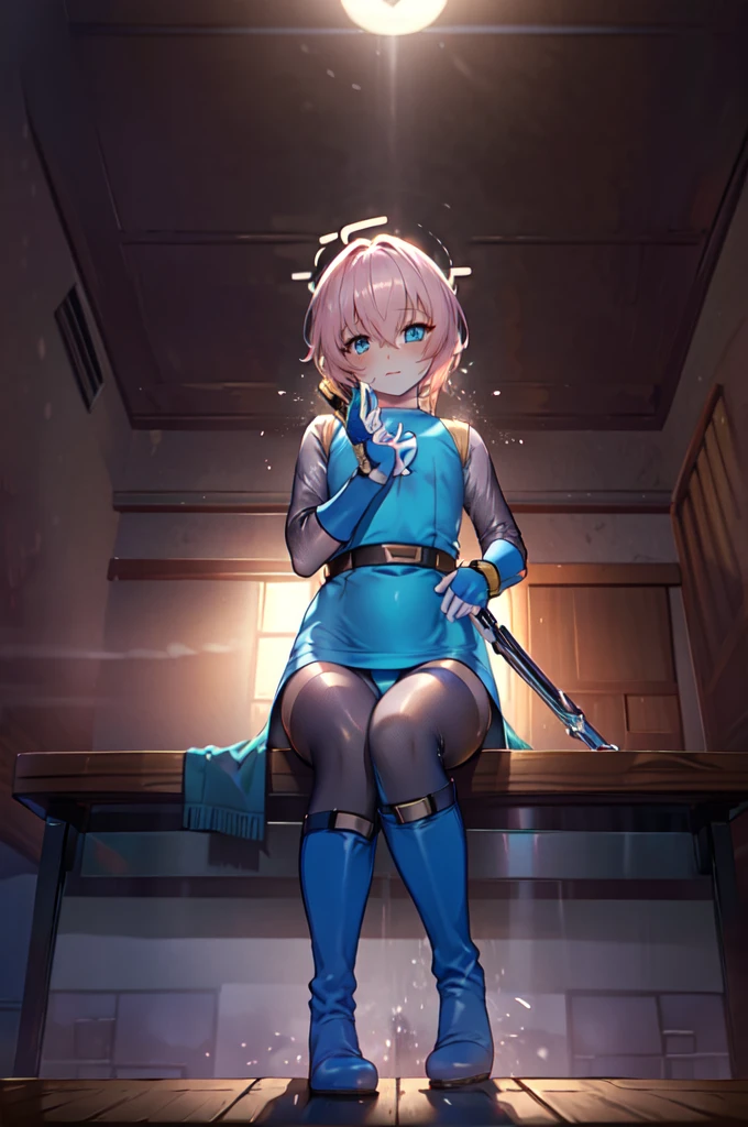 highest quality, Octans，whole body espian，squat，thigh high boots，leotardチラ見せ，glove，healthy skin，elegant, 1 girl, leotard，body suit，cute, blushed, looking at the viewer, from below,lower your gaze，blue eyes, beautiful eyes, beautiful background, particles of light, Light of the sun, dramatic lighting, outside, shiny, realistic, table top, highest quality, Super detailed, get used to it, scenery, beautiful and detailed eyes, thin hair，full body shot，indoor