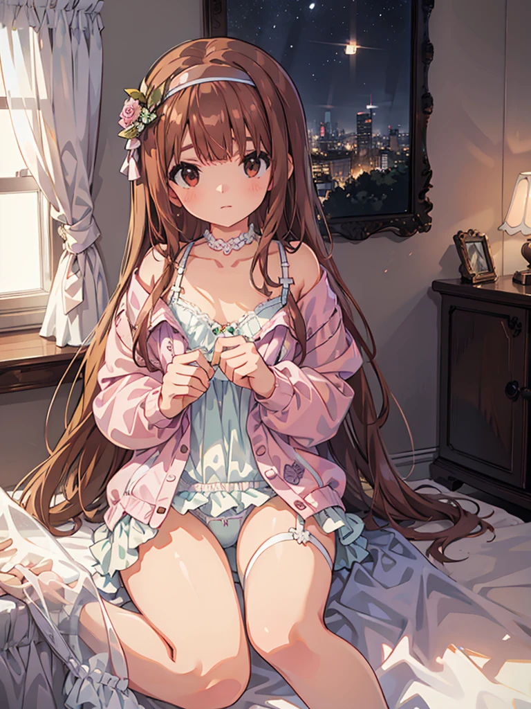 beautiful illustrations, highest quality, pretty girl, 1girl, Bedroom, pastel colour, (two-separated lingerie), reddish brown long hair, headband, cute lingerie, bright lighting