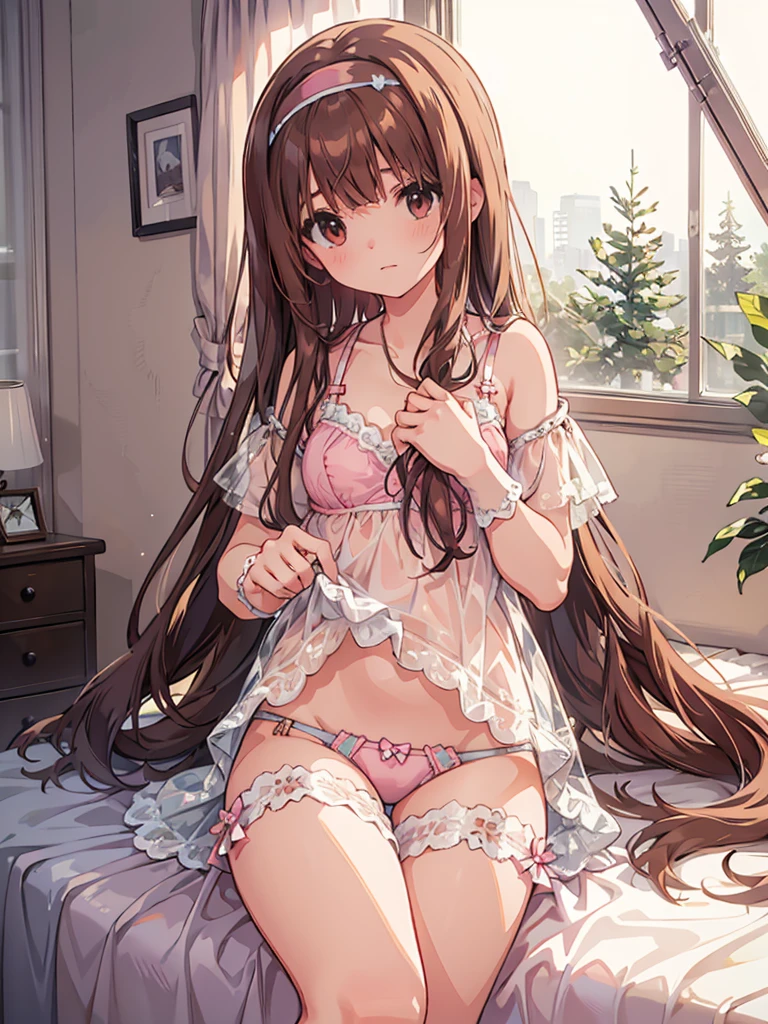 beautiful illustrations, highest quality, pretty girl, 1girl, Bedroom, pastel colour, (two-separated lingerie), reddish brown long hair, headband, cute lingerie, bright lighting