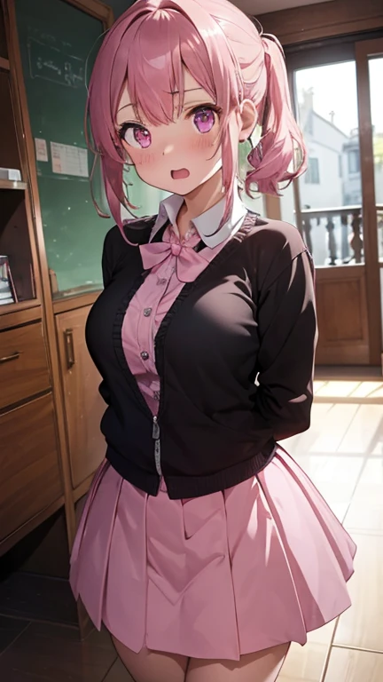 mastute piece,Best Quality,insanely detailed,8k cg,nsfw,shoot upper body,(body in front:1.1),1girl,standing,looking at viewer,(ultra-thin pink collared shirt,ultra-thin brown skirt,school uniform),break,blush,shy,ecstasy face,gasping,pink hair,open mouth,large breast,(in pink marble livingroom:1.2),