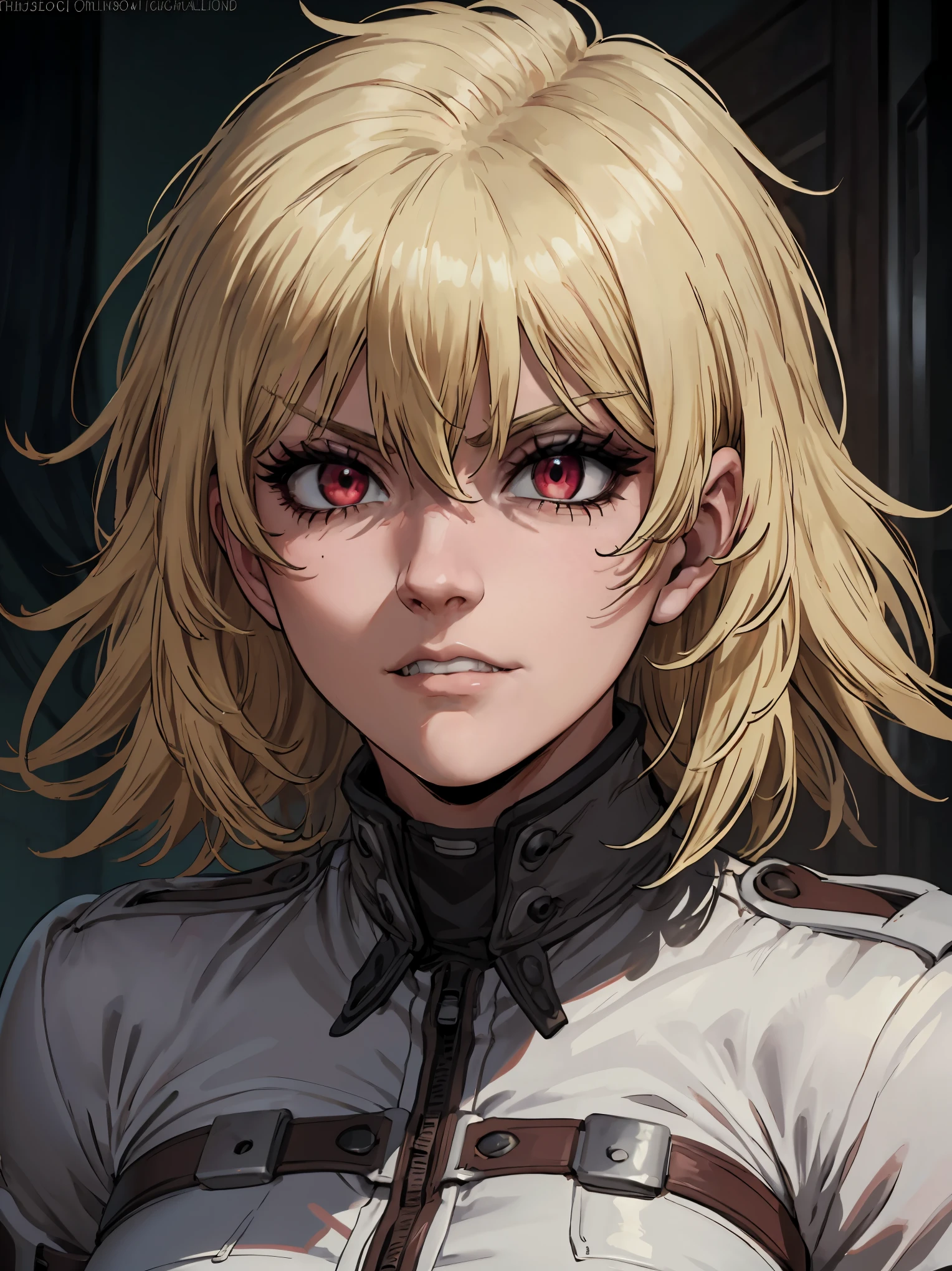 Seras Victoria,detailed face,vampire,handsome face,vampire fangs,red eyes,intense stare,smooth skin,pale complexion,flowing hair,perfectly arched eyebrows,sculpted cheekbones,masterpiece:1.2,ultra-detailed,photorealistic,vivid colors,dark and moody lighting", ((closed mouth))