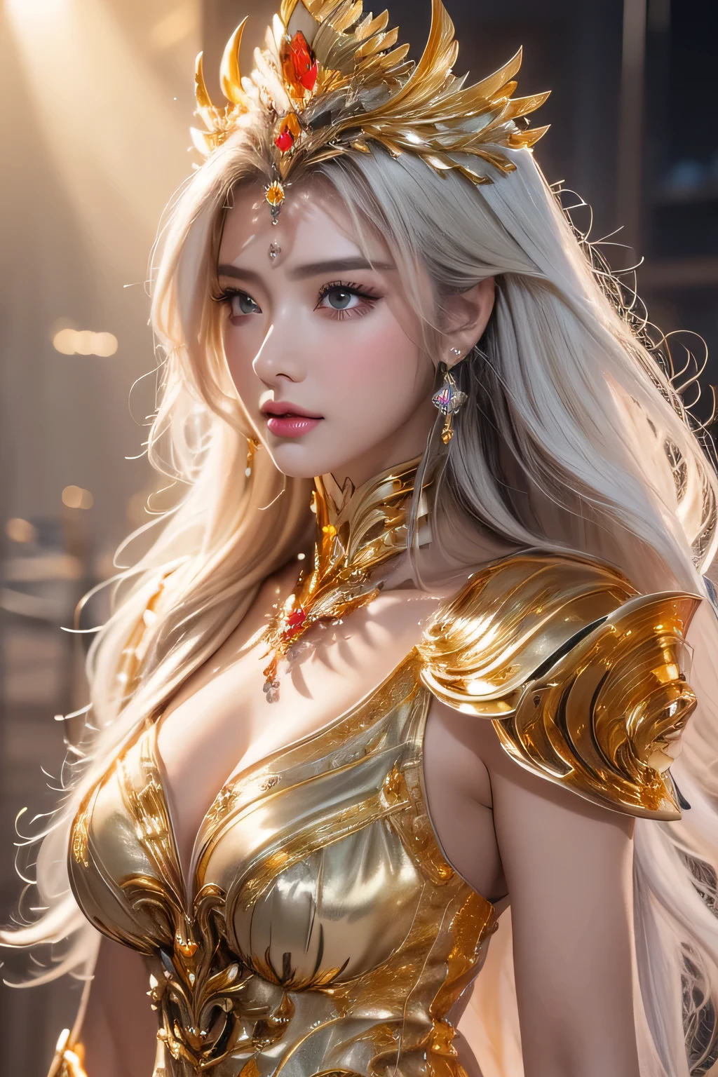 High-quality work,Realistic works,Super premium graphics,8K HD CG works,high quality graphics,High-definition and exquisite CG works,10x pixels,Ultra-fine details:1.1,Advanced technical details:1.1Realistic photo effects,Interior lighting effects:1.5,natural soft light:1.5. Light effect(Virtual light effects:1.8),ultra high resolution,shining dress,sliver long hair,silber hair,transparenthair,high detailed hair(Quality hair details:1.1)Clear eyes,Double eyelids look good,Sharp eye makeup, Create exquisite eyelash makeup, tthin eyebrows, Ultra-detailed eyes,a tall nose, lovely red lips, rosey cheeks, With delicate makeup on her face , pretty face, The face shape is perfectly proportioned,(Advanced facial details:1.1)(Best Quality), Princess Bath, (Saint Seiya|Crystal: 1.5), Dynamic Pose, (Five Color Crystals: 1.6), ((Masterpiece)), (Detail: 1.4), , Panorama, Wide Angle, Cinema Lighting, (Gold|White: 1.5), Glow Special Effects, Solo, Laser Sword, Textured Skin 3D, HDR, Highest Image Quality 16K, Best Quality, Crazy Details, David La Chapelle Style Lenses, Professional RAW Color Photos, Masterpiece from Canon EOS R6 Shooting, Ray tracing, surrealist detailing, unrealistic engine style,Women's artwork,Dress full body video,Realism,Amazing Cleavage,My eyes are very bright today